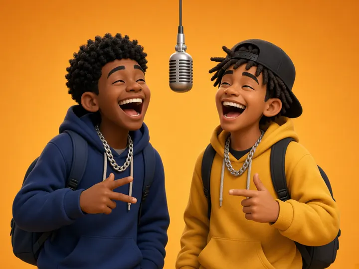 Illustration of two friends laughing while rapping at a hanging microphone