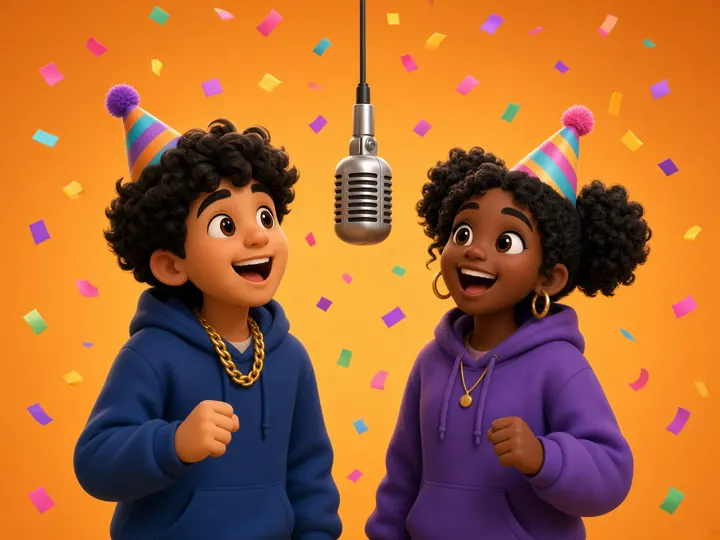 Illustration of two friends in party hats rapping under confetti