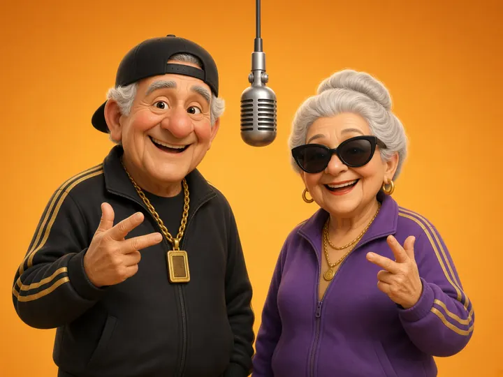Illustration of a grandma and grandpa rapping on an orange stage