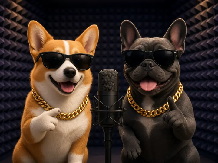Illustration of a corgi and a French bulldog in sunglasses rapping in a recording booth