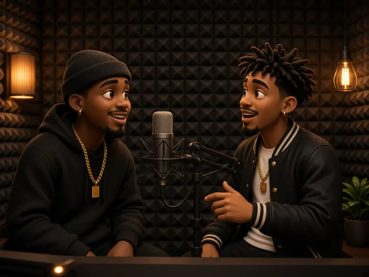 Illustration of two rappers in a recording booth with a studio microphone